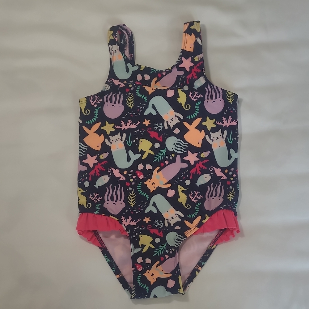 Cat & Jack Navy One-Piece Swimsuit with Multicolor Sea Friends and Pink Ruffle